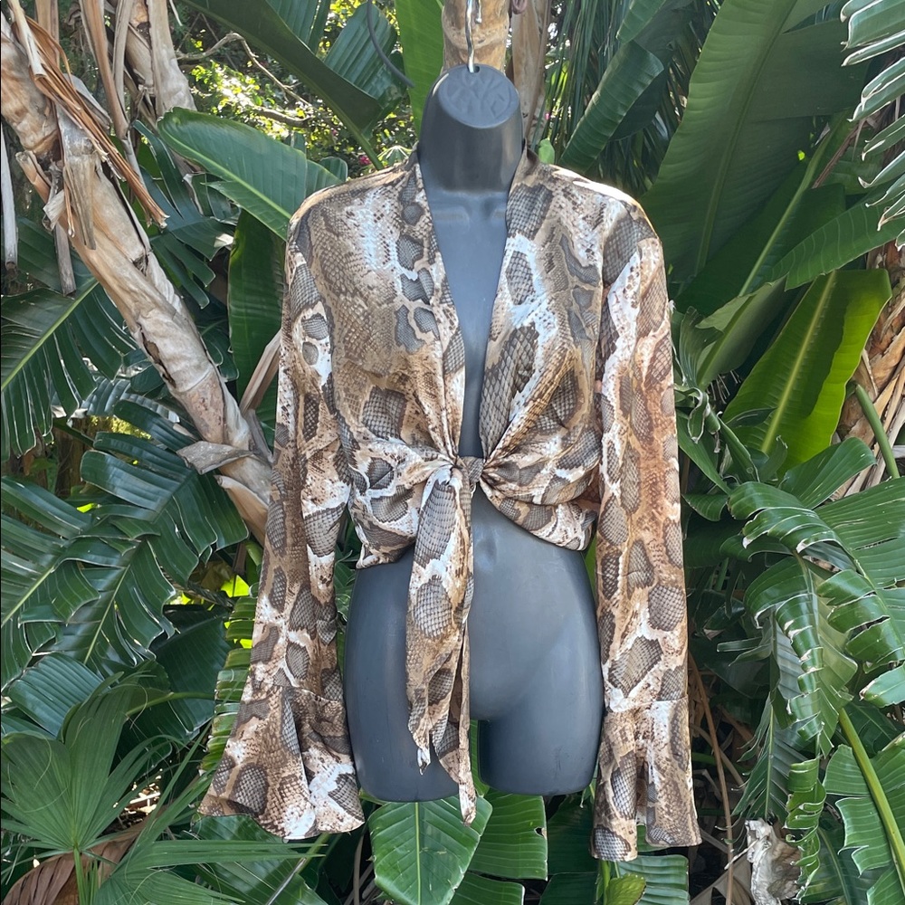 Misguided, snake print tie front ruffle sleeve blouse